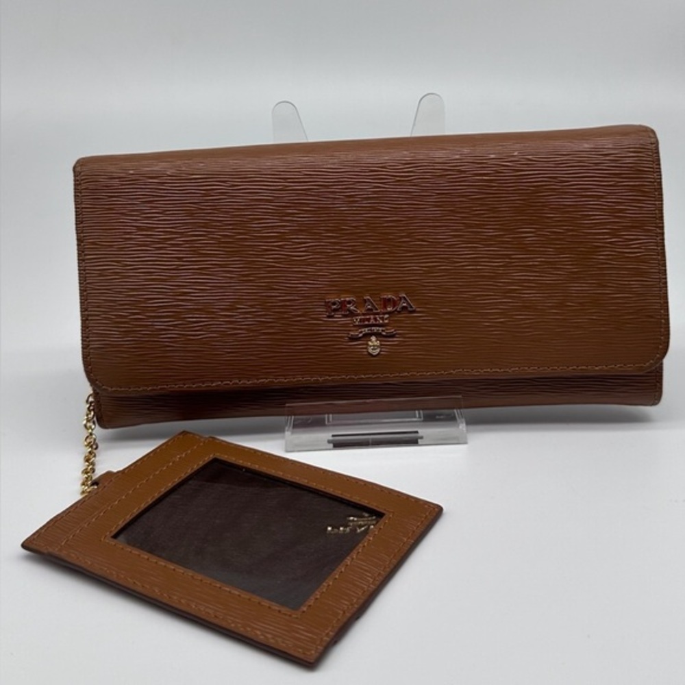 Prada Taupe Textured Leather Continental Wallet w/ Chain ID Holder w/COA